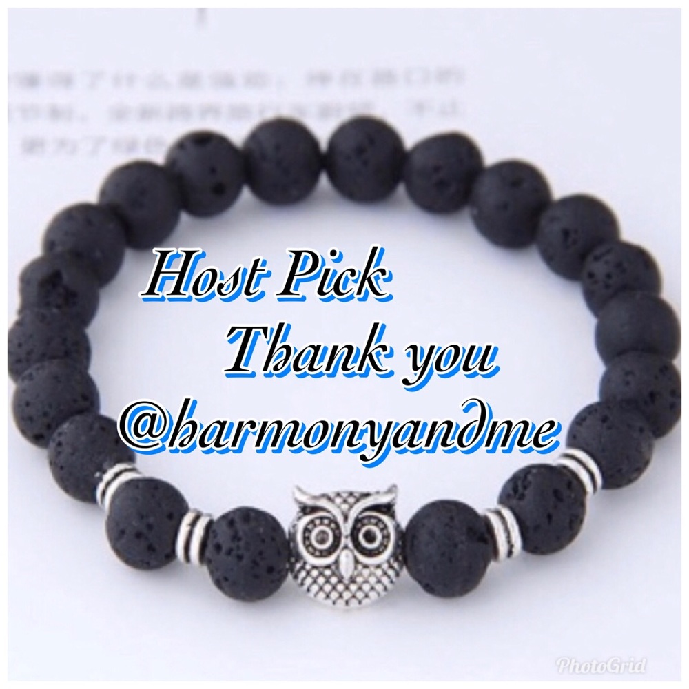 Black Silver Owl Lava Bead Bracelet